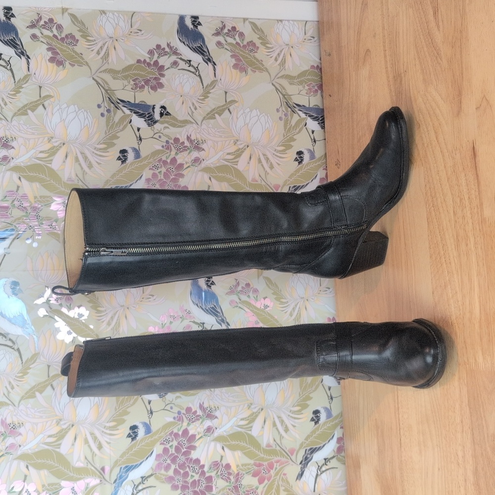 Frye Leather Black Knee High Women's Western Strappy Boots Stacked Heel - Picture 2 of 15
